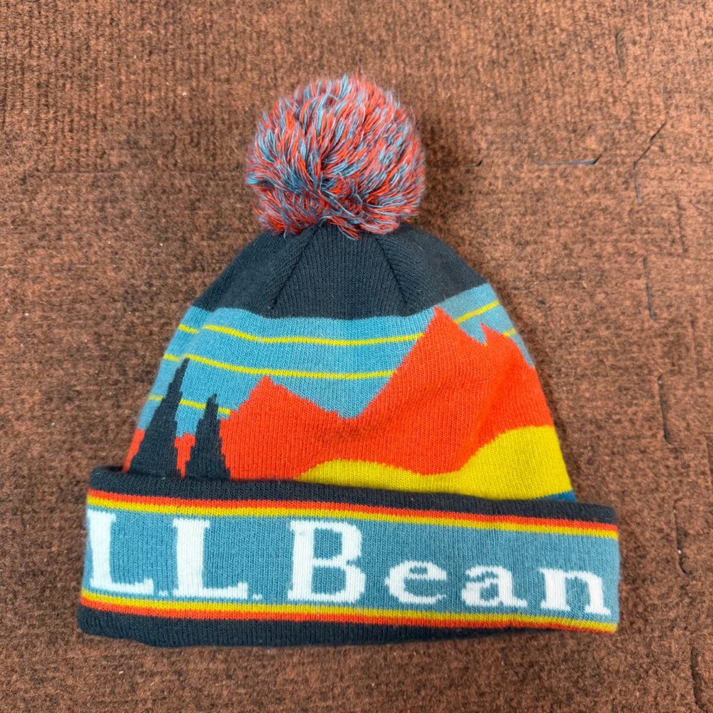 LL Bean Landscape Graphic Pom Beanie Hat Blue Orange Mountain OSFA 296924